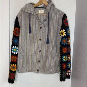 Lakhays Woven Hoodie Jacket S/M Crochet Granny Square Sleeves Boho Ethnic Nepal